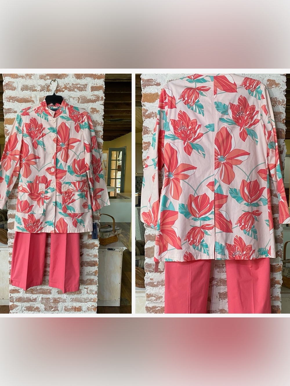 NWT JONES WEAR 2 Piece Floral Suit w/Cotton Stretch Pants Mandarin Collar Blazer